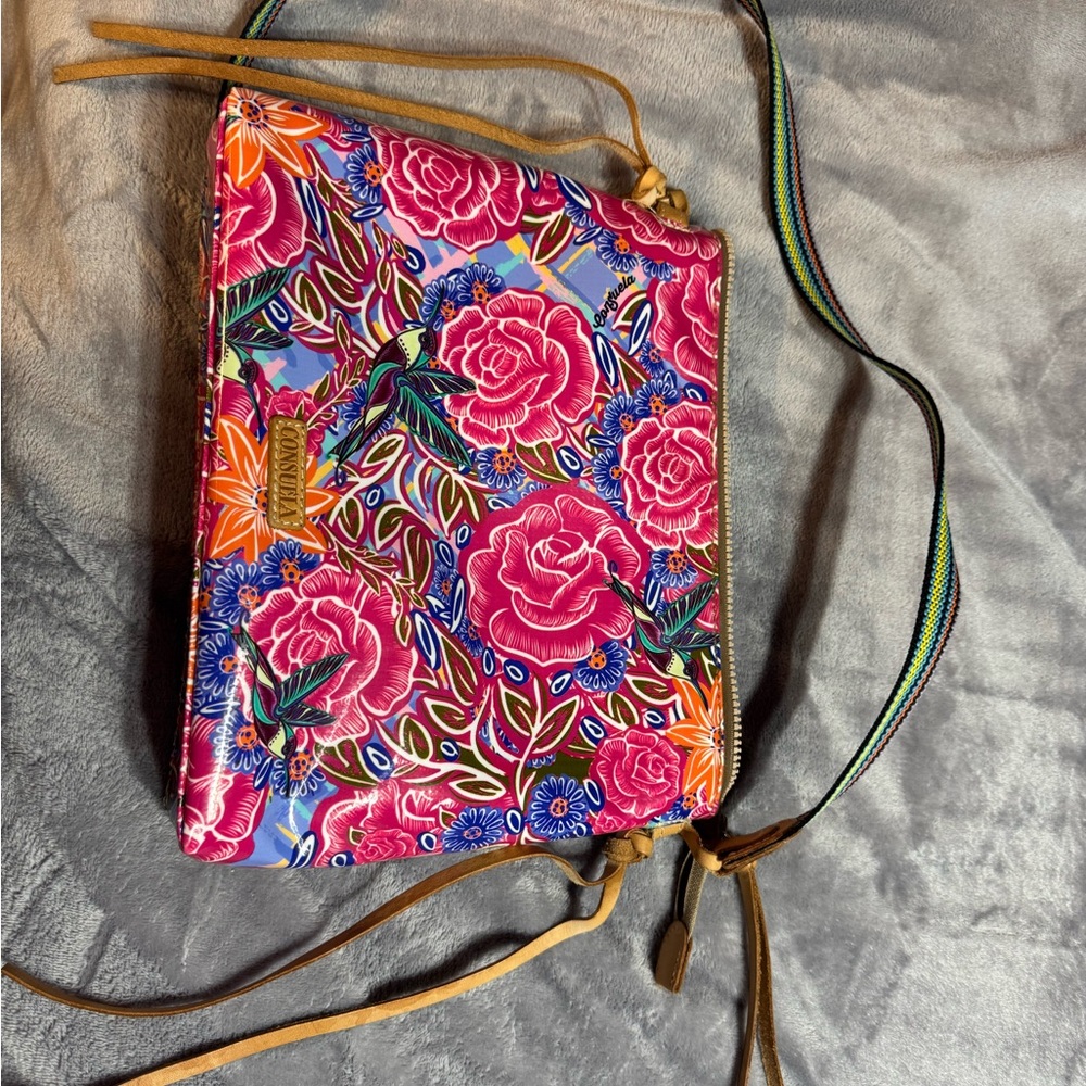 Consuela Pink Floral Crossbody Bag with Orange, Blue, Green Accents
